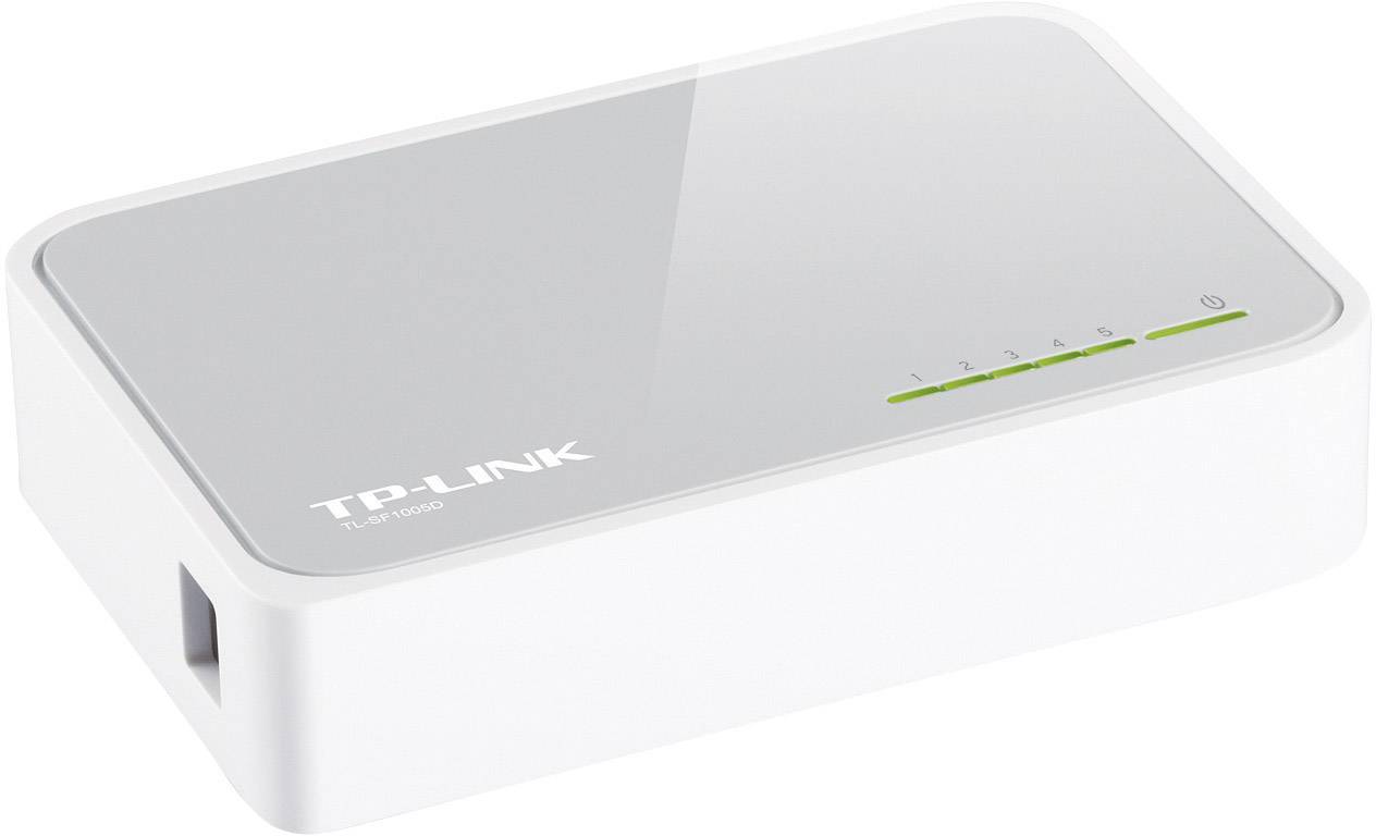En hvid TP-Link netværksswitch med fem porte og en LED-indikator for driftsstatus. Den bruges til at forbinde flere enheder.
