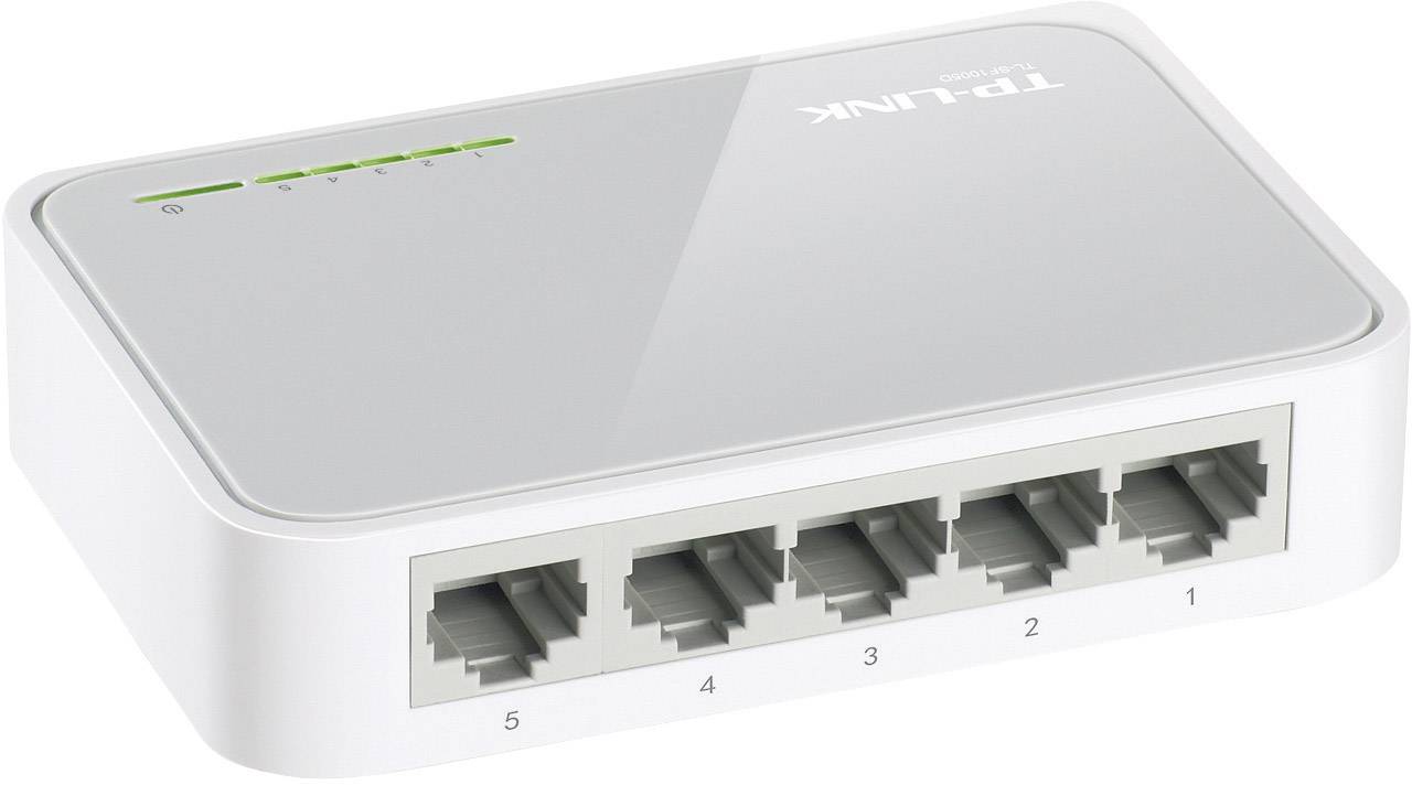 Kompakt hvid Ethernet-switch med fem LAN-porte og grønne status-LED'er til netværksforbindelser.