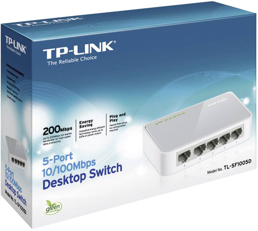 TP-LINK 5-ports 10/100Mbps Desktop Switch, Model TL-SF1005D. Fremhæver Plug-and-Play og energibesparende funktioner.