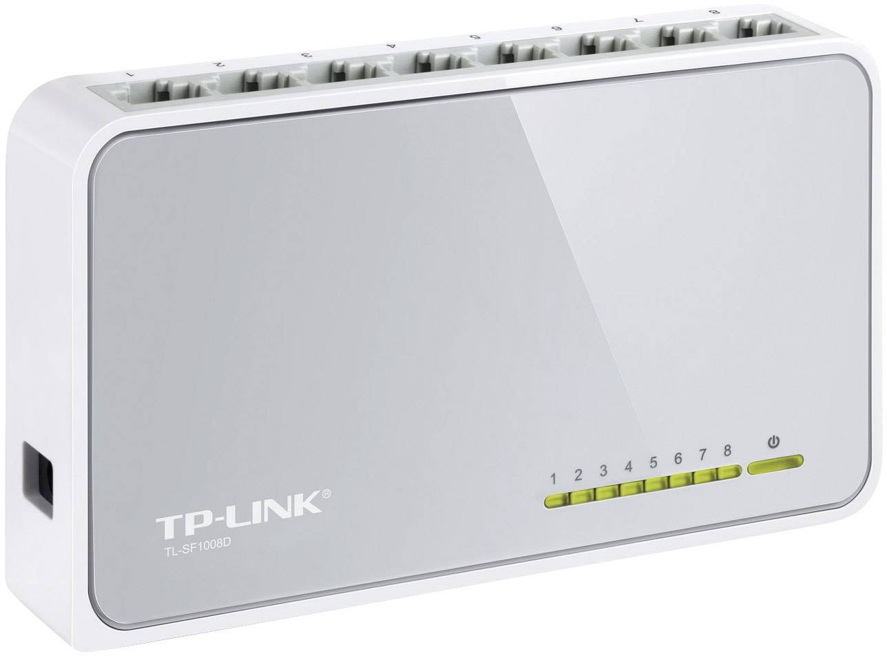 Ethernet-switch TP-LINK TL-SF1008D med otte porte, kompakt og hvid, til netværksforbindelse mellem flere enheder.