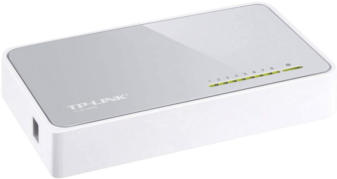 En hvid TP-Link netværksswitch med otte Ethernet-porte og LED-indikatorer til netværksaktivitet på oversiden.