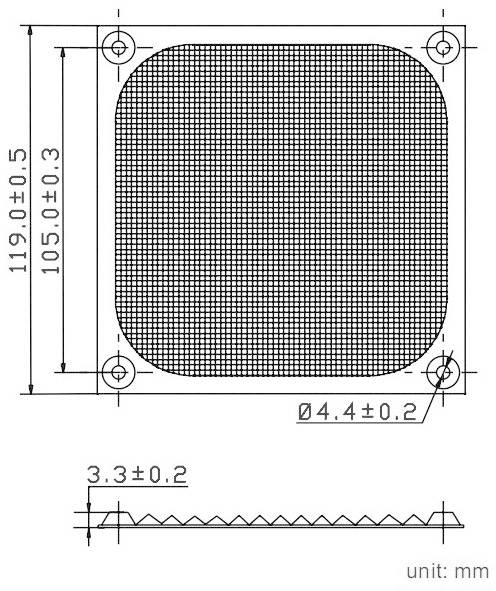 Teknisk tegning af et firkantet ventilationsgitter med afrundede hjørner. Mål: 119x105 mm. Huldiameter: 4,4 mm.