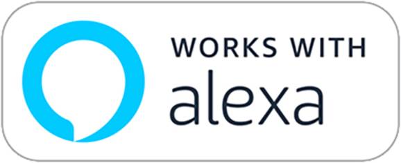 Logo med tekst 'Fungerer med Amazon Alexa'. Underneden står der 'Separat basisstation påkrævet til brug med Amazon Alexa'.
