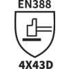 EN 388-mærkat for beskyttelseshandsker: Symbol med tallene '4X43D', som repræsenterer beskyttelsesniveauer mod mekaniske farer.