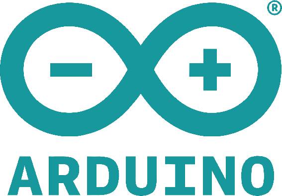 Arduino-logo med et uendelhedssymbol i turkis, hvor et minus- og et plusstegn er placeret inde i symbolet, og under logoet teksten 'ARDUINO'.