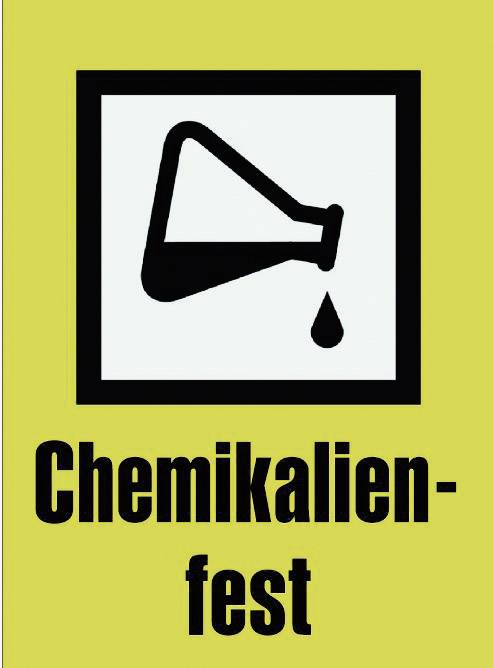Billedet viser et symbol med en Erlenmeyerkolbe, hvorfra der drypper væske, og teksten 'Kemikaliesikker' nedenunder på en gul baggrund.