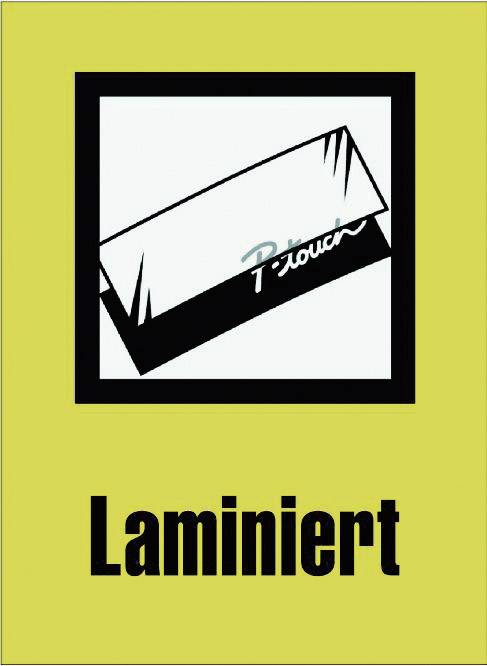 Lamineret grafik med stiliseret dokument i plastomslag.