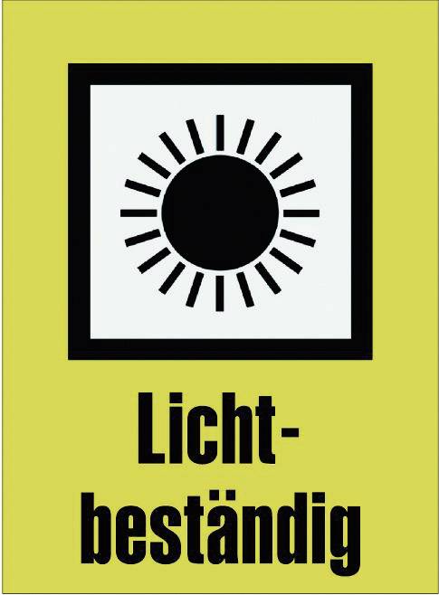 Sort sol med stråler i en firkant på gul baggrund, herunder teksten 'Lysbestandig'.