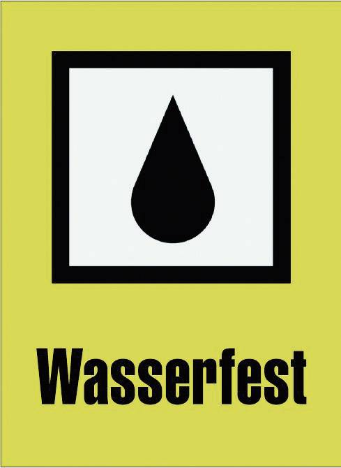 Et gult skilt med et symbol af en vandddråbe i en firkant. Nedenunder står ordet 'Vandtæt'.