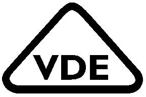 VDE-testmærke: Trekant-logo med bogstaverne 'VDE', som står for verificeret sikkerhed og kvalitet ved elektriske produkter.