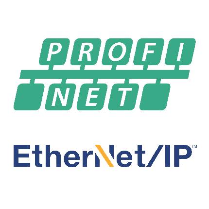 PROFINET og EtherNet/IP logoer på sort baggrund.