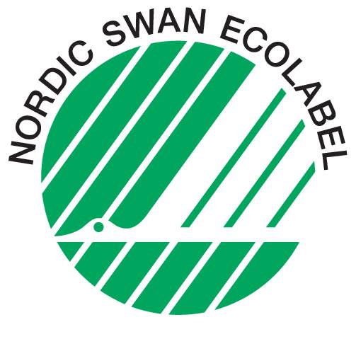 Billedet viser det nordiske miljømærke, der består af en stiliseret svane i en pink cirkulær design med teksten 'Nordic Swan Ecolabel'.