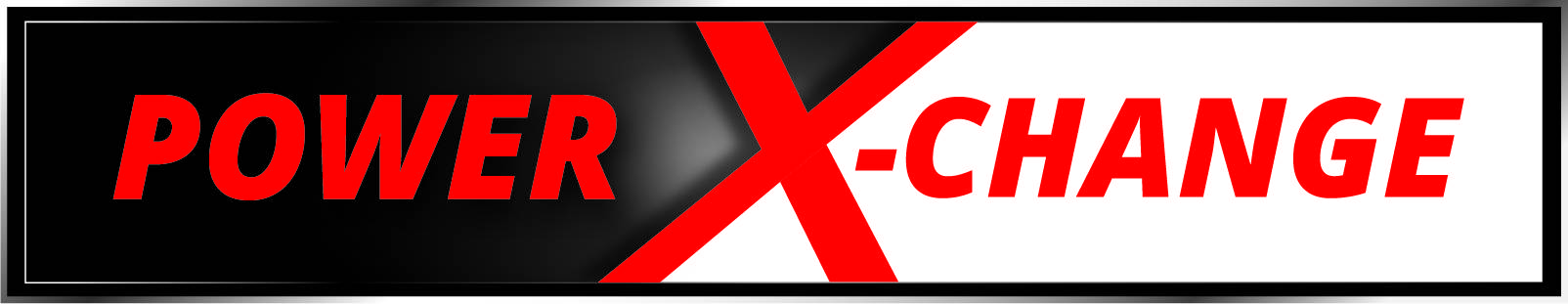 Et logo 'POWER X-CHANGE' i rødt og hvidt på sort baggrund.