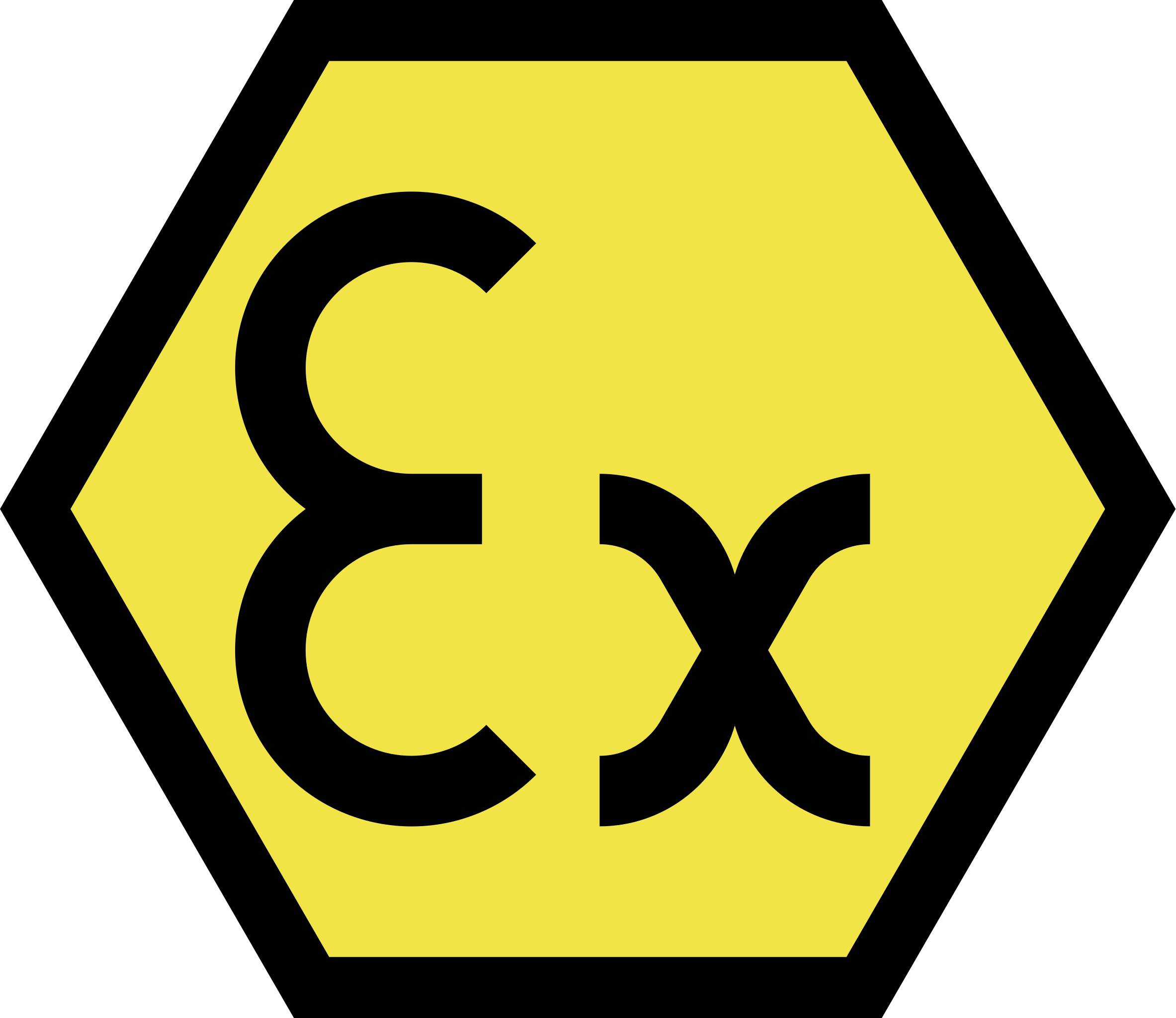Billedet viser et gult sekskantede skilt med det sorte 'Ex' symbol, som betegner områder med eksplosionsfare.