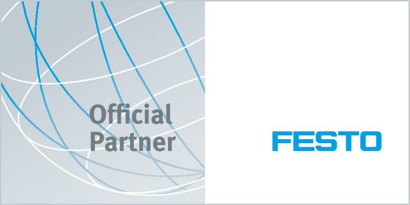 På en mørk baggrund står 'Official Partner' til venstre, og til højre er FESTO-logoet i orange på hvid baggrund.