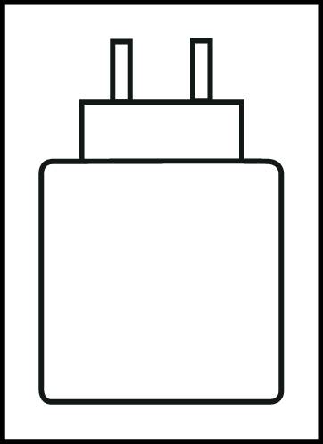 Et stiliseret symbol for en oplader med to ben og et rektangulært hus, vist i hvid på sort baggrund.