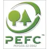 PEFC-Logo: Grøn cirkel med træ- og bladssymboler, hvorunder der står PEFC/04-32-0942.