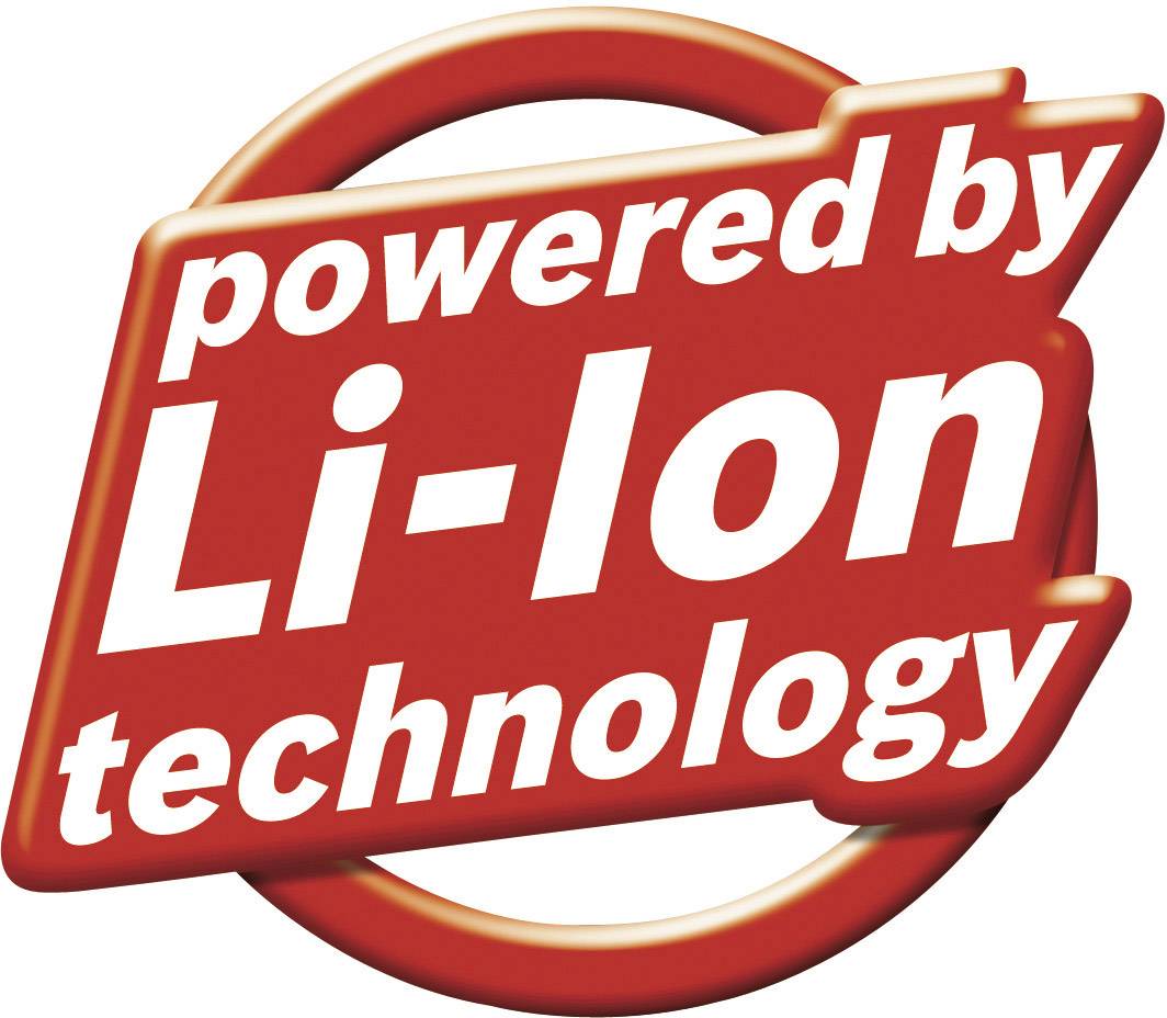 'drevet af Li-Ion teknologi' i hvid tekst på rød baggrund, symboliserer brugen af lithium-ion-teknologi.