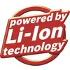 'drevet af Li-Ion teknologi' i hvid tekst på rød baggrund, symboliserer brugen af lithium-ion-teknologi.