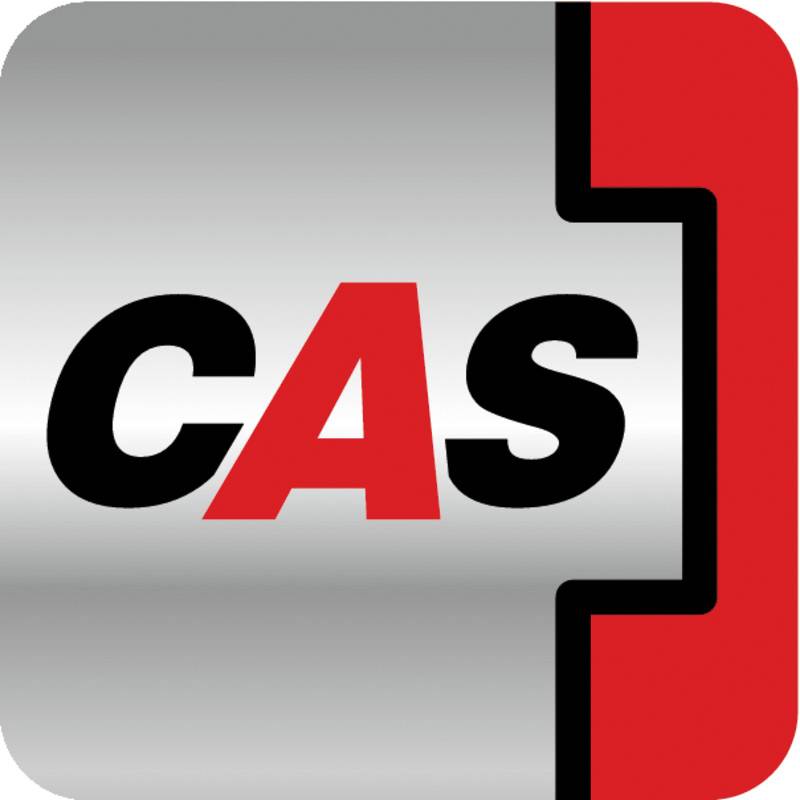Billedet viser et logo med bogstaverne 'cAS' i sort og rød skrift på en grå baggrund med en rød kant.