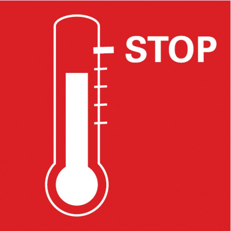 Et rødt termometer viser maksimal temperatur med ordet 'STOP' ved siden af, advarer mod for høje temperaturer eller overophedning.