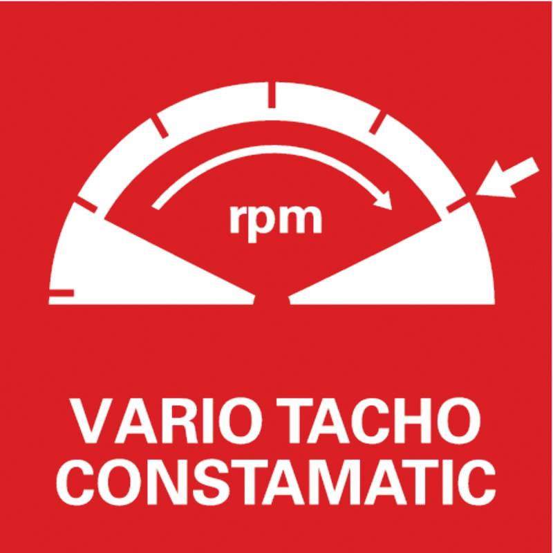 Et hvidt omdrejningstæller på rød baggrund viser 'rpm'. Nedenunder teksten 'VARIO TACHO CONSTAMATIC'.