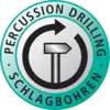 Kredsformet logo med hammer-symbol og pil. Tekst: 'Percussion Drilling - Slagboring'.