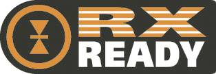 Logo med stiliseret cirkel og 'RX READY' i orange og hvid. Cirklen indeholder et symmetrisk symbol med to pile, der peger indad.