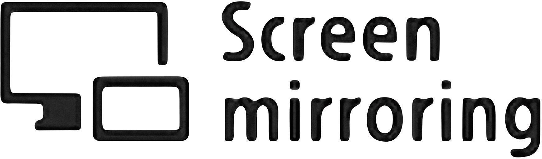 Billedet viser et logo med teksten 'Screen mirroring' og to sammenfiltrede rektangler, der symboliserer monitorer.