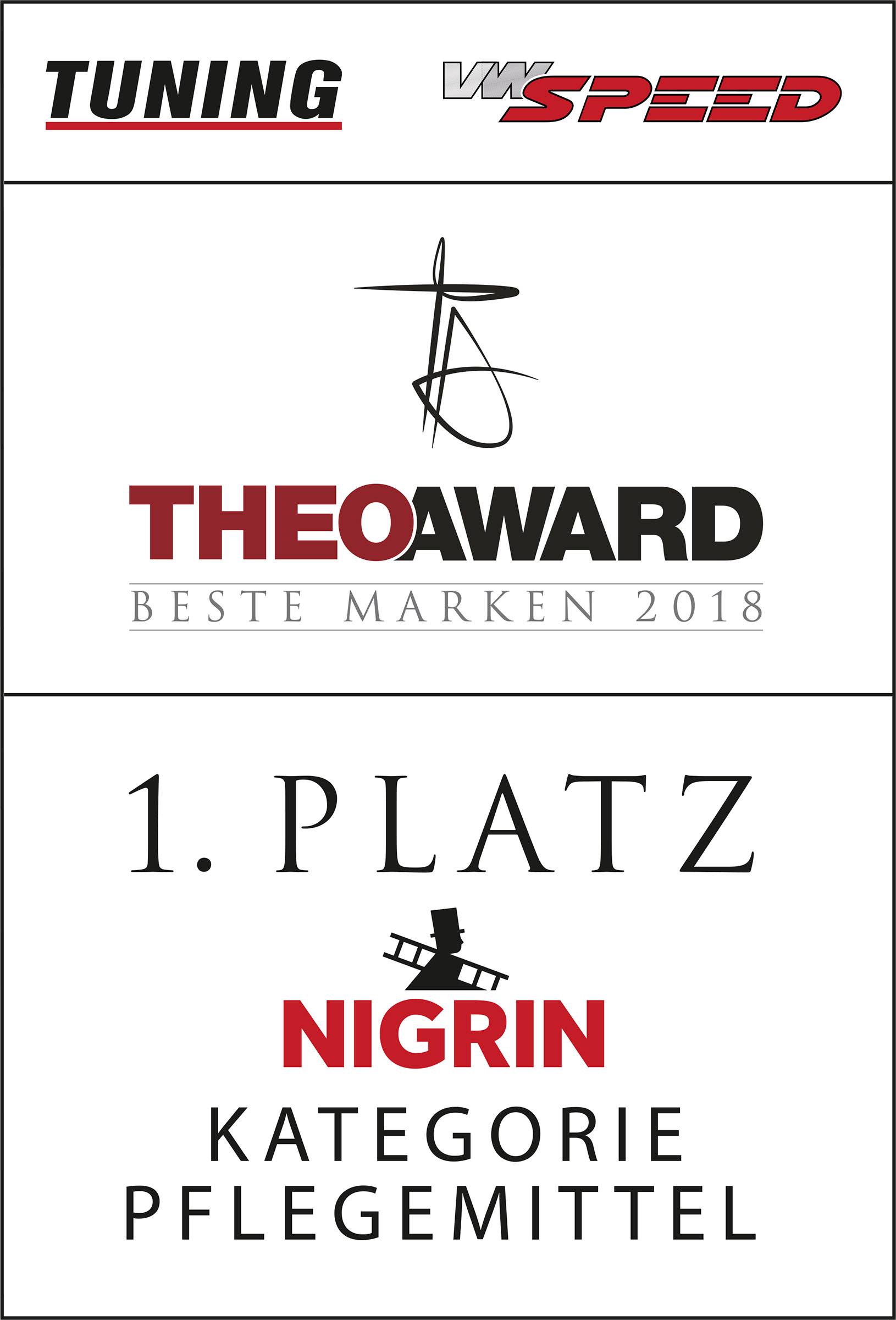 Logo 'THEO Award Bedste Mærker 2018', 1. plads til Nigrin i kategorien Plejeprodukter, præsenteret af Tuning Magazin.