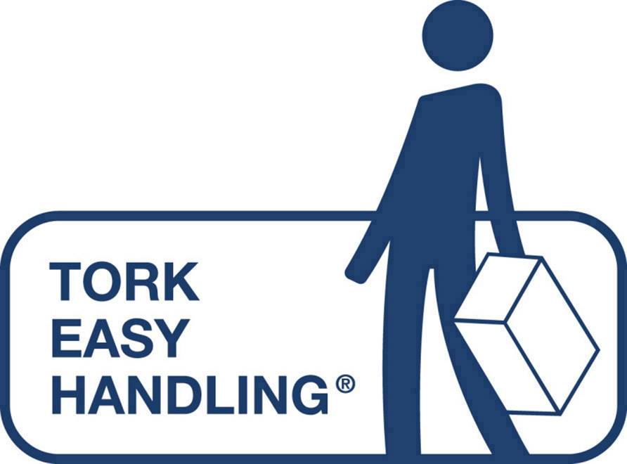 Et stiliseret piktogram viser en person, der bærer en karton. Ved siden af står teksten 'Tork Easy Handling'.
