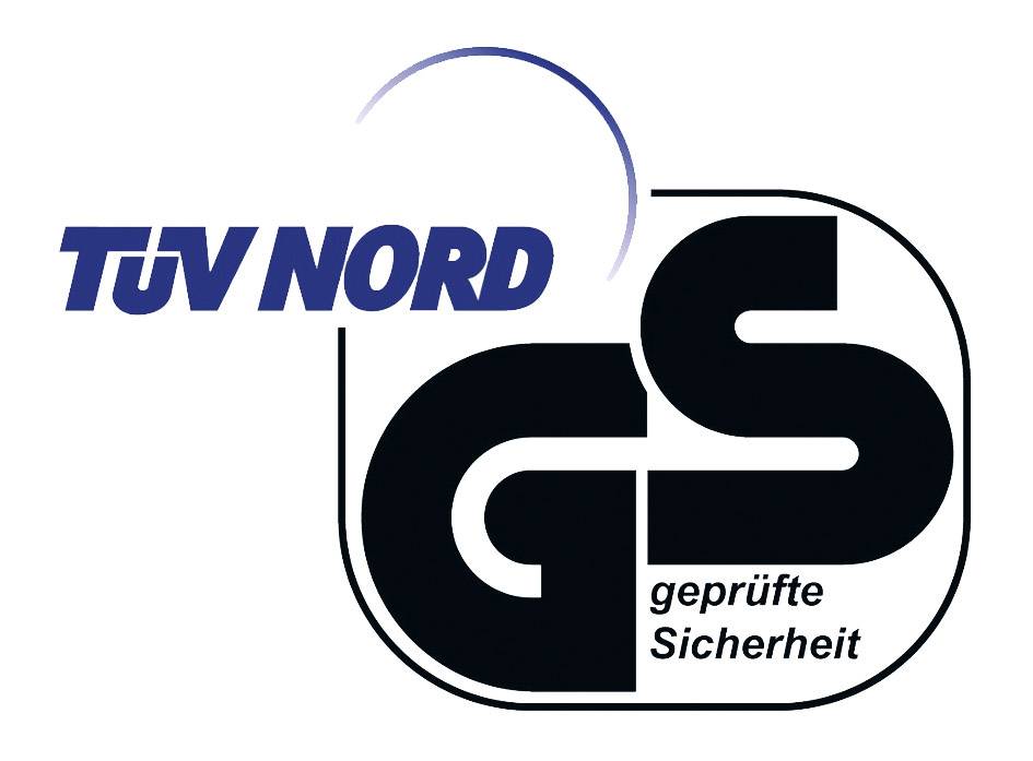 TÜV NORD GS-logo: Testet sikkerhed gennem TÜV NORD, blå-sort skrifttype.