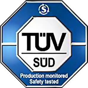 Et TÜV SÜD-mærke, der viser certificering for overvåget produktion og verificeret sikkerhed i en ottekantet blå ramme.