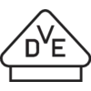 Billedet viser et stiliseret logo med bogstaverne 'VDE' i en trekantet ramme. Det repræsenterer et prøvemærke eller certificeringsmærke.