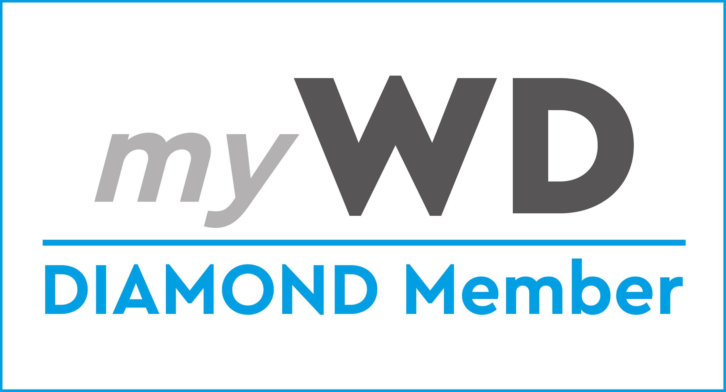 'myWD DIAMOND Medlem' Logo, sort og grå skrift med en blå understregning og kant.