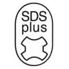 Et ovalt symbol med påskriften 'SDS plus' og en stiliseret, korsformet åbning nedenunder, repræsenterer et boresystem.
