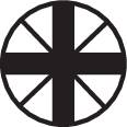 Sonnehjulsymbol i sort-hvid design, bestående af en cirkel med krydsende linjer.