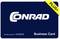 'Conrad Business Card' in Weiß auf dunkelblauem Hintergrund, mit gelbem 'PLUS+' in der Ecke. Kundennummer: 12345678.