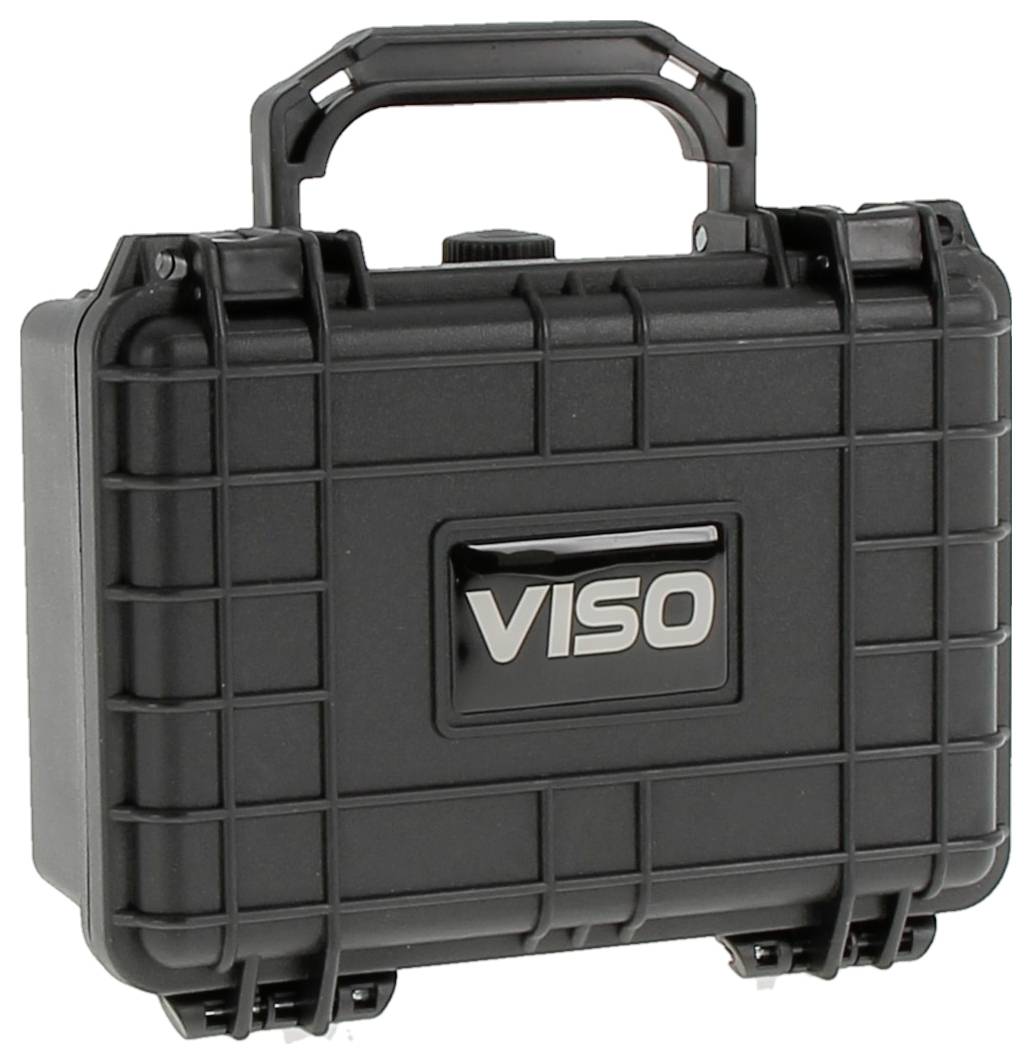 Eine schwarze Schutzbox mit Gittermuster und einem Griff, mit einem silbernen 'VISO' Logo auf der Vorderseite.