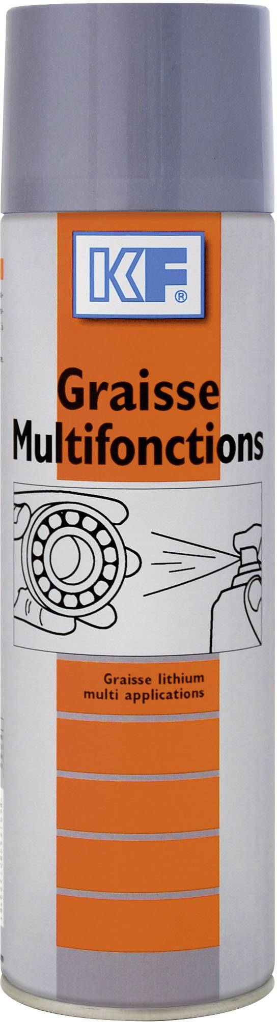 Aerosoldose mit grauem Deckel und orangefarbenem Etikett, Aufschrift: 'Graisse Multifonctions'. Bild von einem mit Fett besprühten Lager.