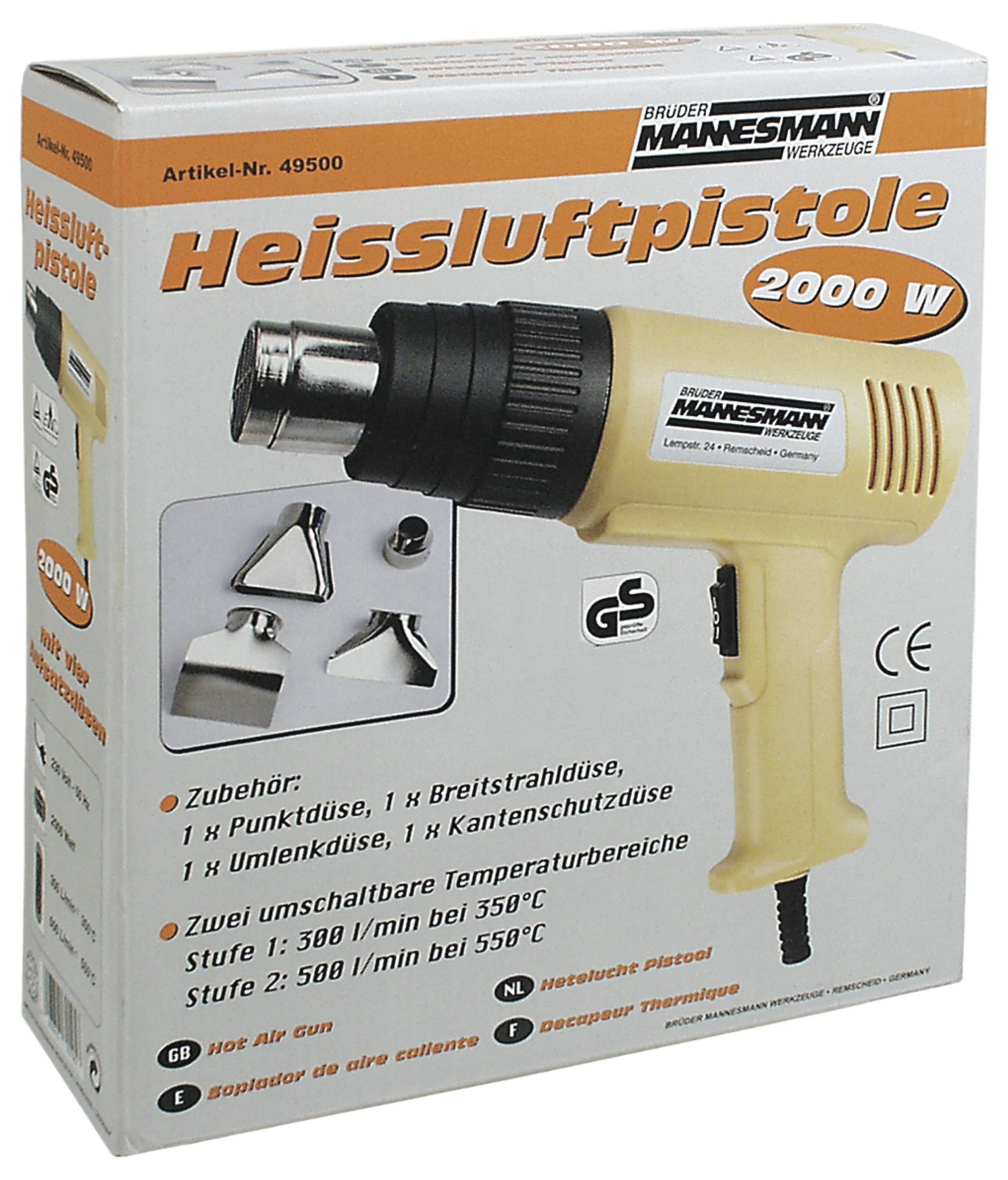 'Heißluftpistole 2000 W' von Brüder Mannesmann Werkzeuge. Beinhaltet Zubehör wie Düsen und Temperaturbeschreibungen. Artikel-Nr. 49500.