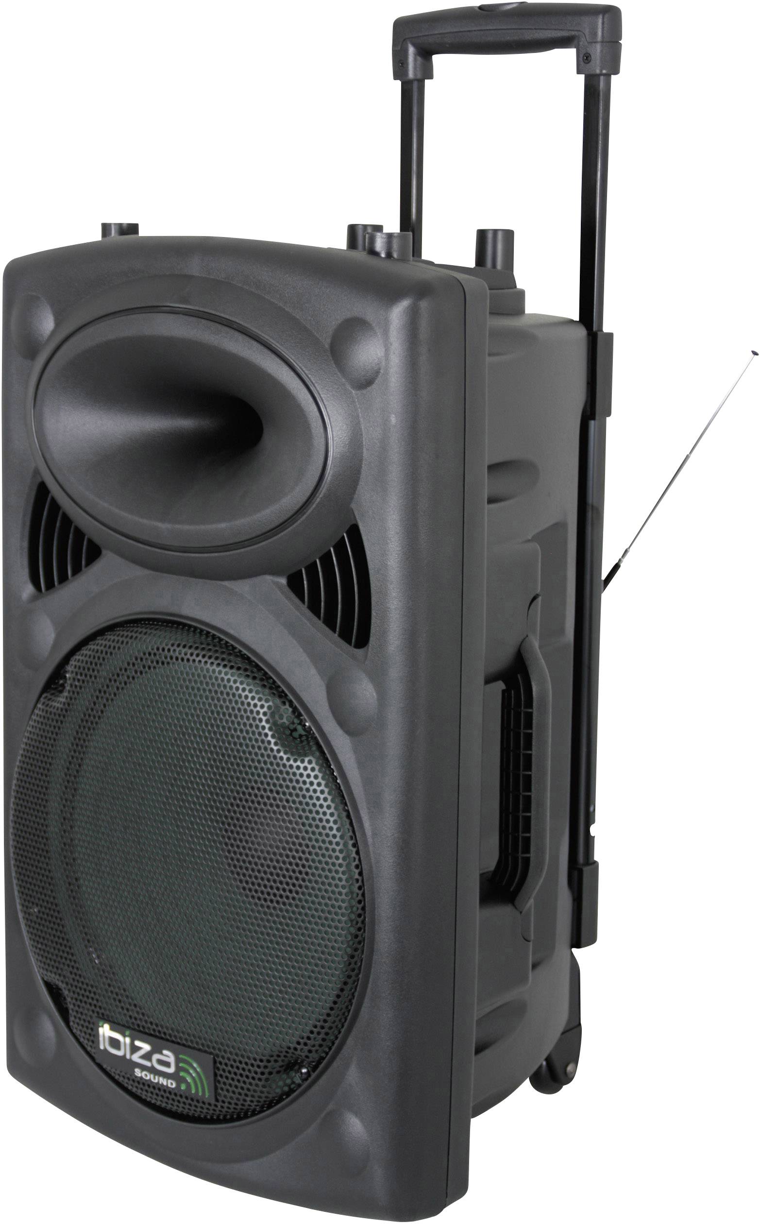 Schwarzer tragbarer Lautsprecher mit integriertem Tragegriff und ausziehbarer Antenne, ideal für mobile Musikbeschallung.