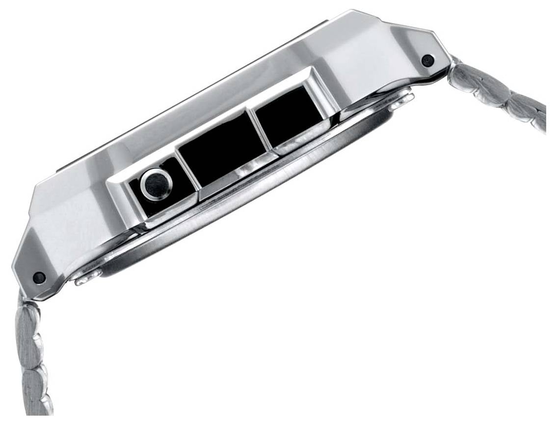 Silberne Armbanduhr, seitliche Ansicht, zeigt das schmale Profil des Gehäuses und Details eines metallischen Armbands.