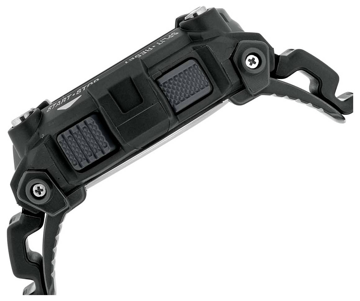 Seitenansicht einer robusten Armbanduhr mit strukturiertem Gehäuse und sichtbaren Schrauben, zeigt Design-Details und Knöpfe.