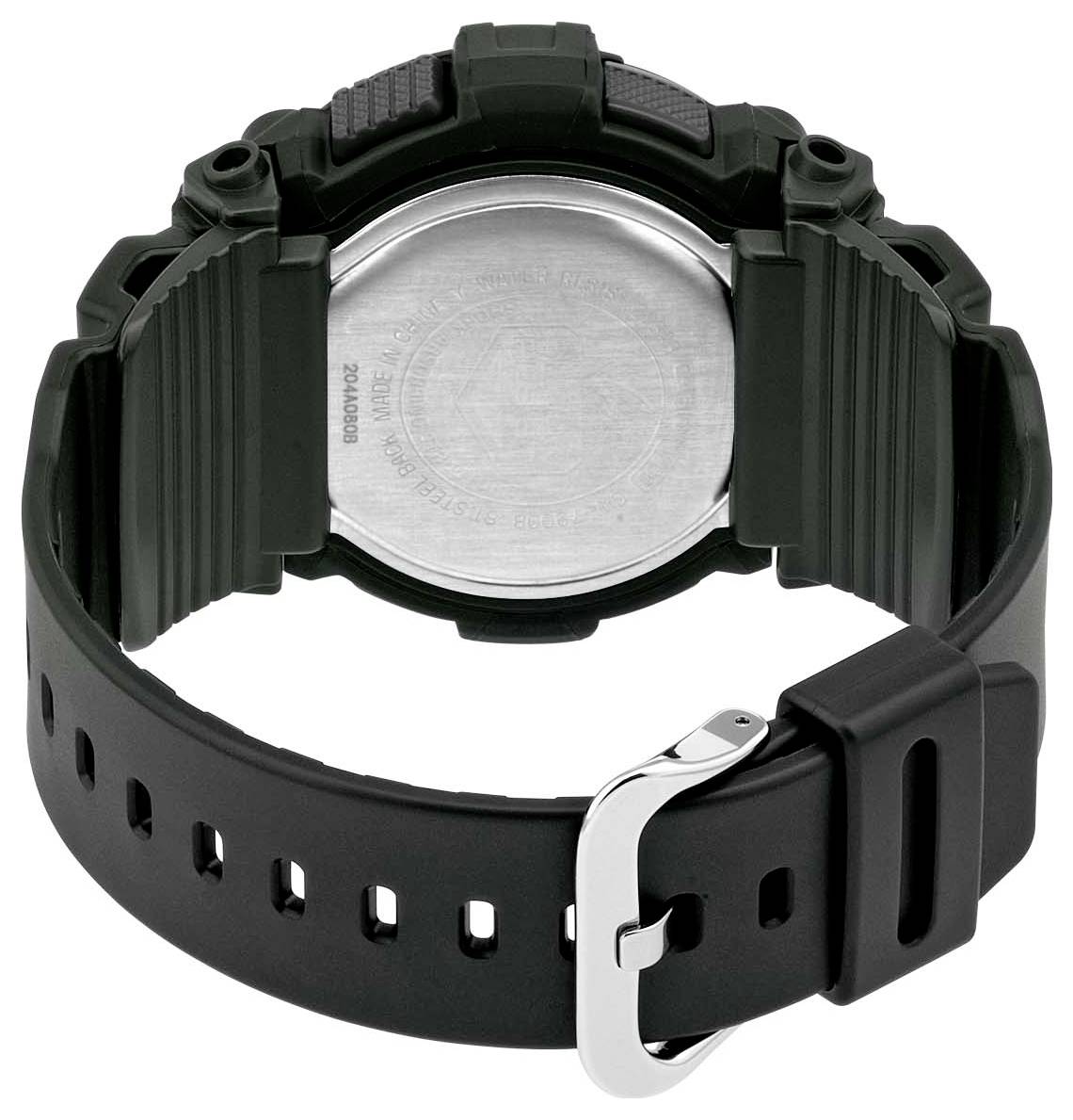 Schwarze Armbanduhr mit robustem Design, Metallrückseite und verstellbarem Riemen.