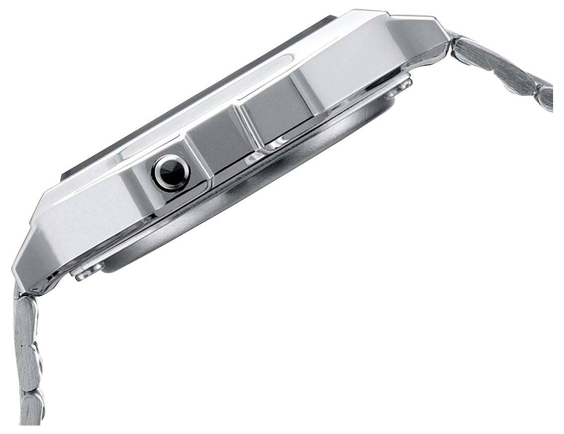 Silberne Armbanduhr, seitliche Ansicht zeigt Gehäuseprofil und Armband.