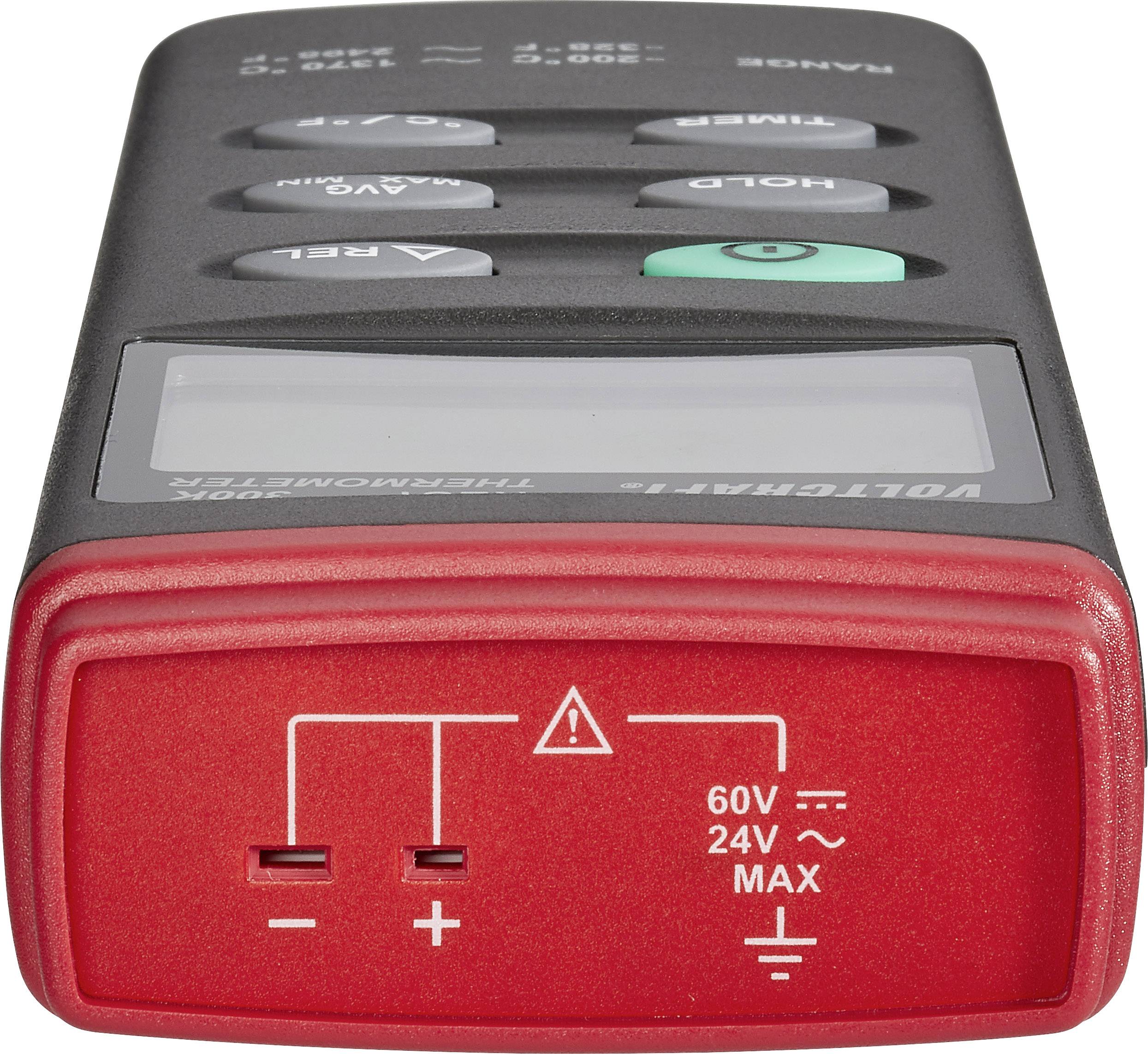 Ein digitales Spannungstestergerät mit roten und schwarzen Tasten; zeigt Warnsymbole und Spannungsgrenzen von 60V und 24V an.