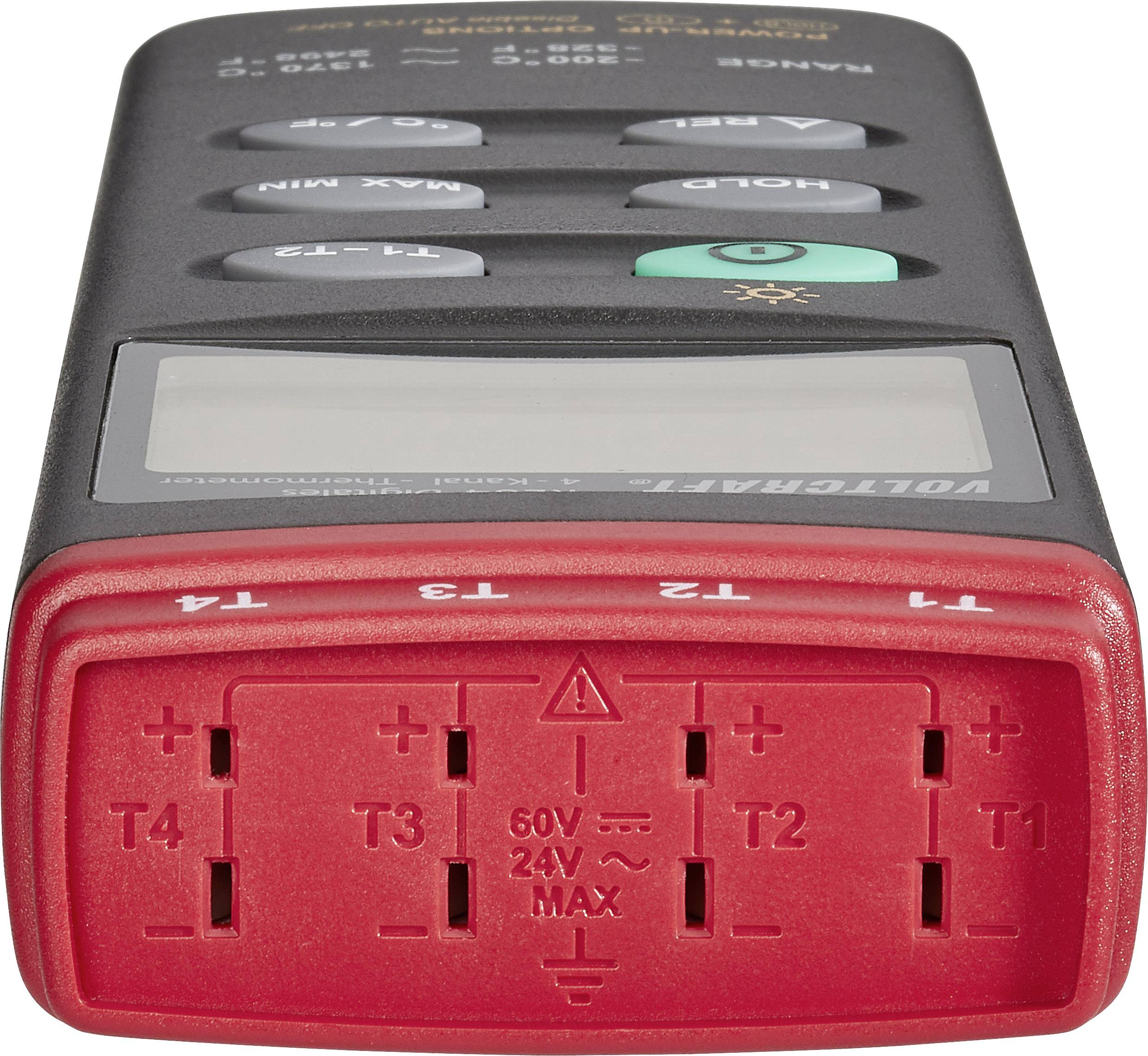 Multimeter mit rotem Anschlussbereich vorne, sechs Drucktasten oben.