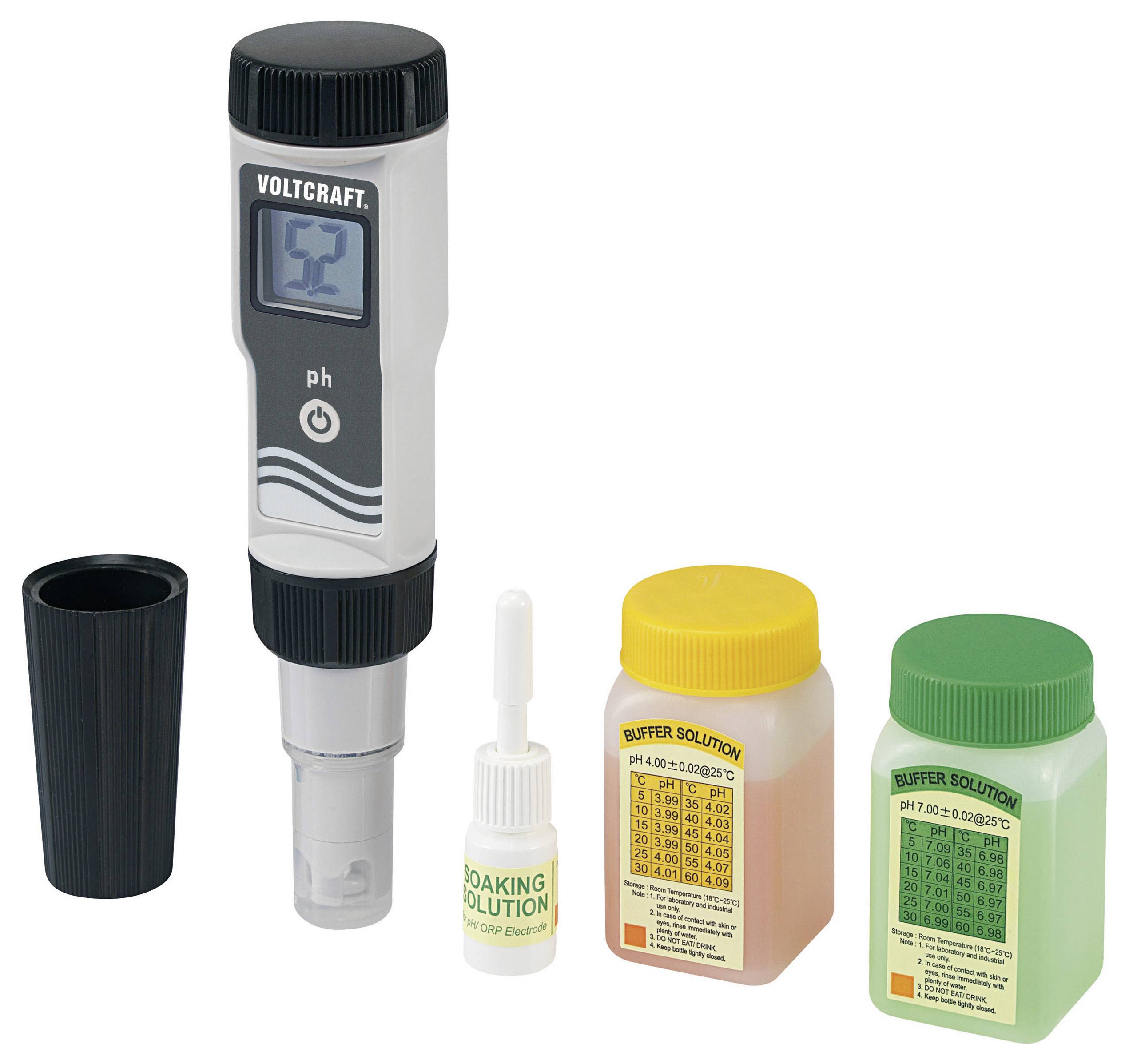 Ein digitales pH-Meter mit einer Anzeige, die "0,0" zeigt, zusammen mit einer schwarzen Kappe, einer Aufbewahrungslösung-Flasche und zwei Pufferlösungs-Flaschen, die in Orange und Grün beschriftet sind.