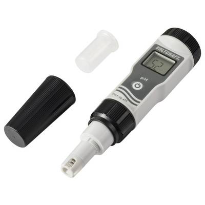 Digitales pH-Meter mit entfernten Schutzdeckeln, das eine Messung auf seinem Display anzeigt.